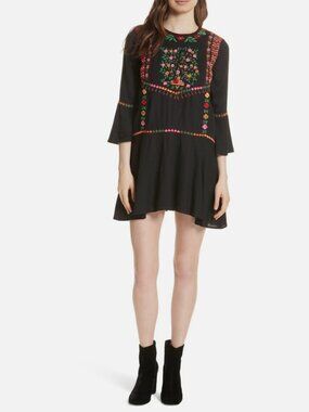 Joie Gosinda Dress. Embroidered bell sleeve mini dress in black - large